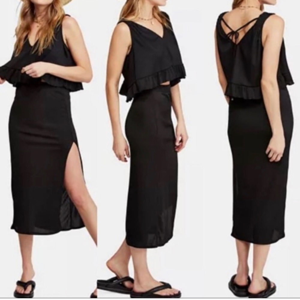 FREE PEOPLE BODY CON SKIRT Thigh High Slit SWING RUFFLE EDGE TOP SZ L
